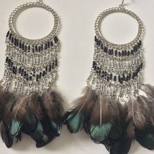 Long Dangle Beaded Peacock Earrings Silver Tone